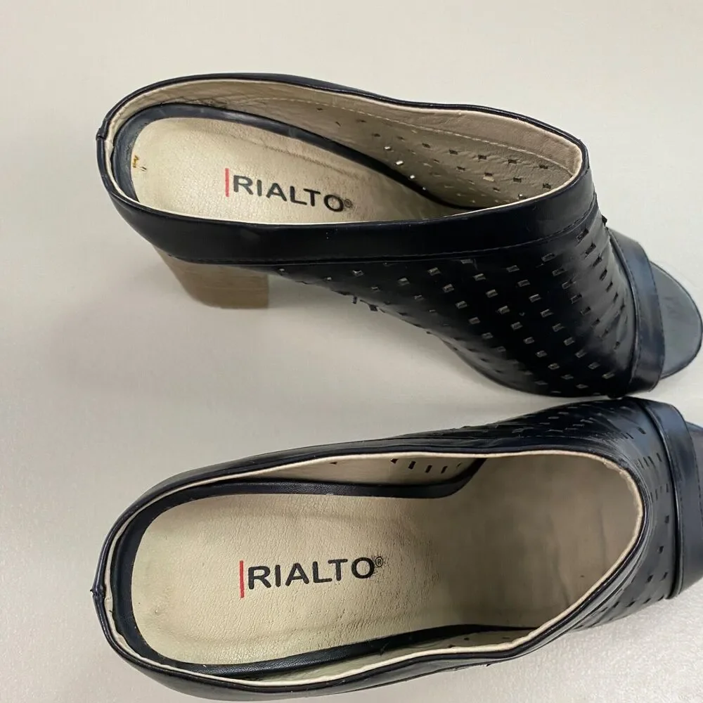 Rialto Chunky Heel Mules Womens 8.5 Black Perforated‎ Leather Sandals Retro Y2K